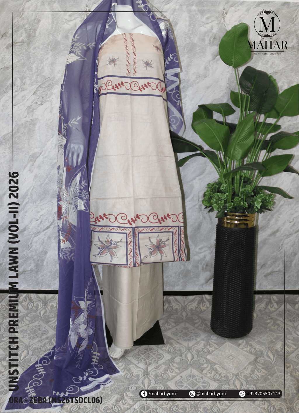 Zeba | 3-Piece Lawn Suit - ORA (Unstitch Digital Printed Vol-II)