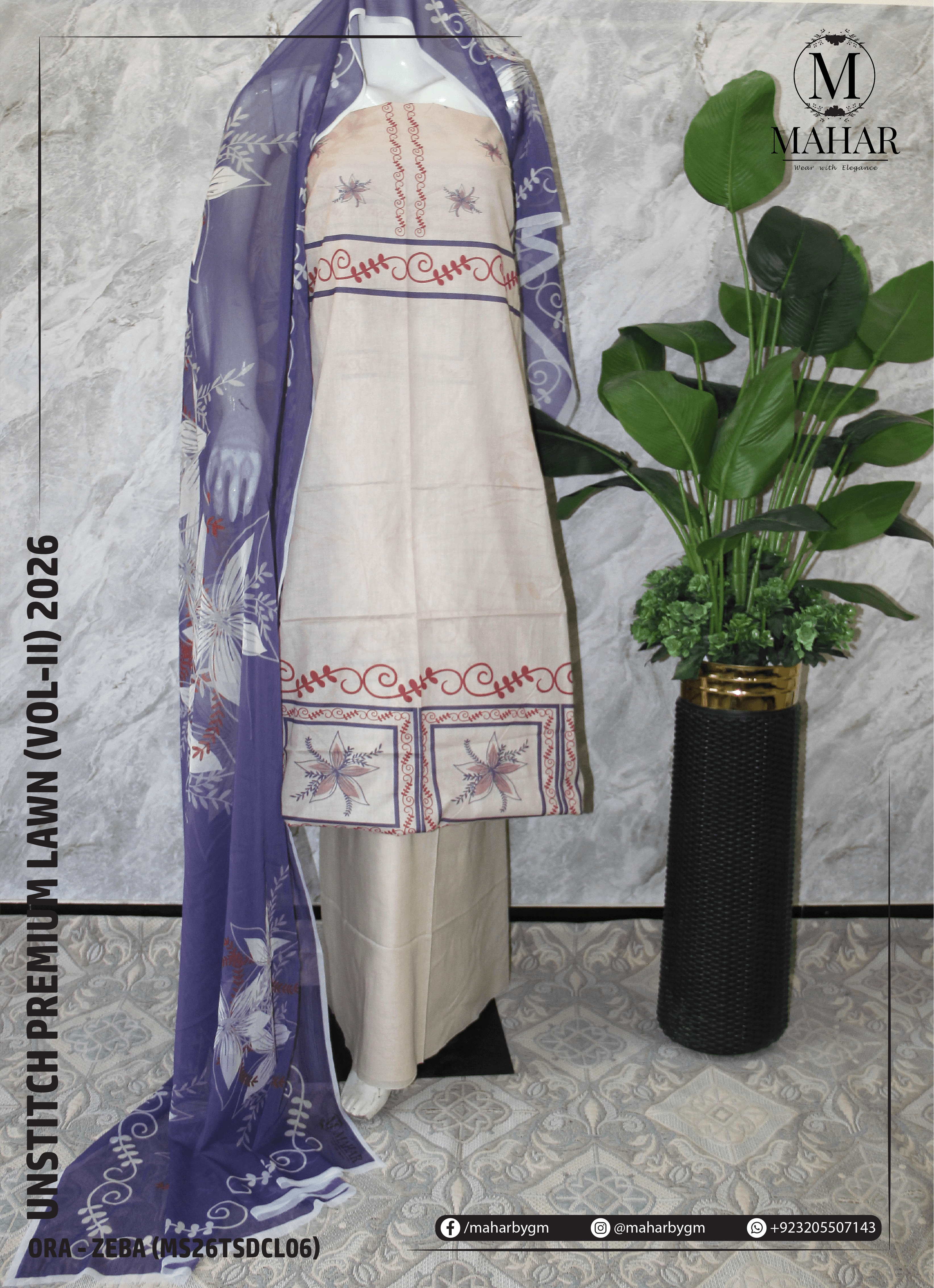 Zeba | 3-Piece Lawn Suit - ORA (Unstitch Digital Printed Vol-II)